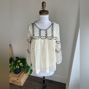 Anthropologie Cream Lace Blouse with Brown Accents